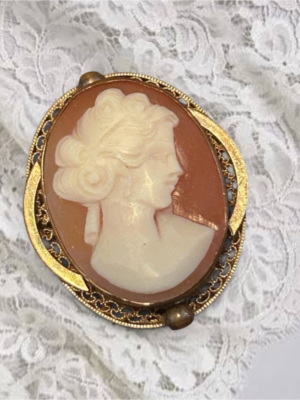 Vintage D’Abros Shell Cameo Brooch Pendant 12K Gold Filled Filigree Frame
